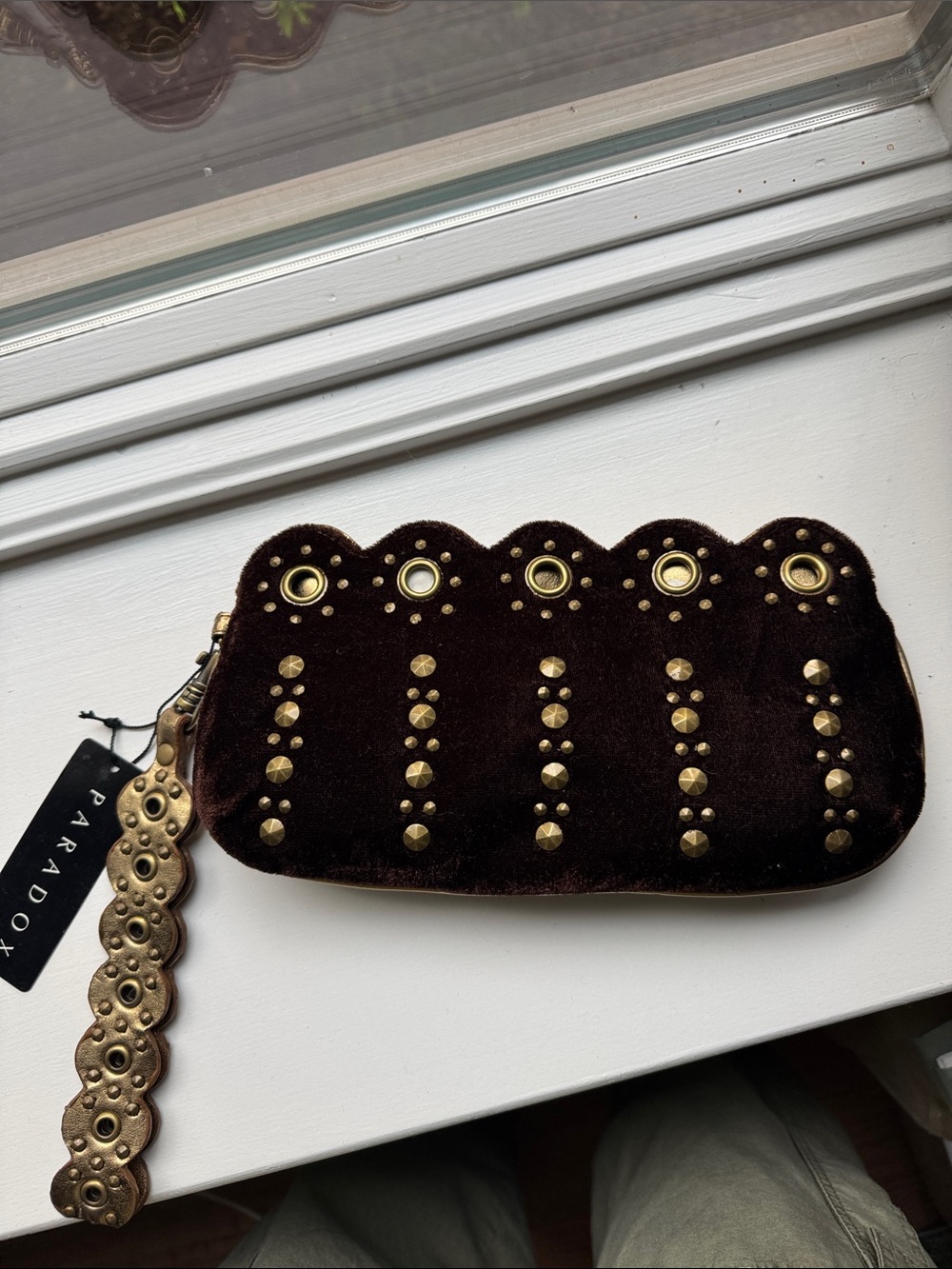 Paradox Brown Velvet Studded Clutch with Gold Accents